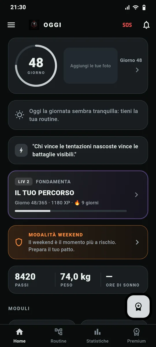 Schermata principale dell'app Mentalità Blindata